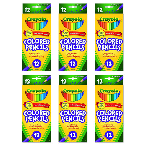 Six packs of Crayola Bright Bold Colored Pencils Assorted Color 12 ct, arranged in two rows of three, provide plenty of pre-sharpened pencils—perfect for art projects.